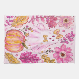 Linge De Cuisine Pastel Pink Halloween Ghost with Flowers and Pumpk
