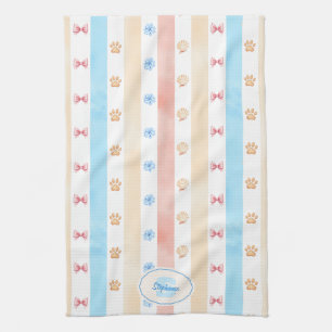 Linge De Cuisine Pastel Stripe - Empreintes de pattes, Fleur Bleue,