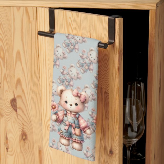 Linge De Cuisine Pastel Teddy Bear Holding Flower Wear Overalls (Pliage en tiers)