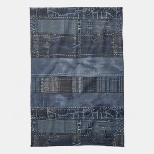 Linge De Cuisine Patchwork en Denim Indigo Rustique