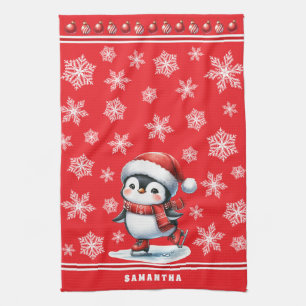 Linge De Cuisine Patineur de glace Penguin Festif Rouge Custom Chri