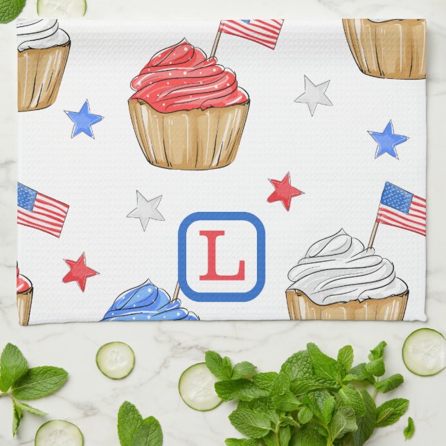 Linge De Cuisine Patriotique Rouge Blanc Bleu Drapeau Cupcakes Mono (Plié)