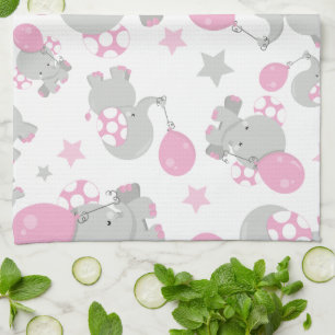Linge De Cuisine Pattern of Elephants, Cute Elephants - Pink Gray