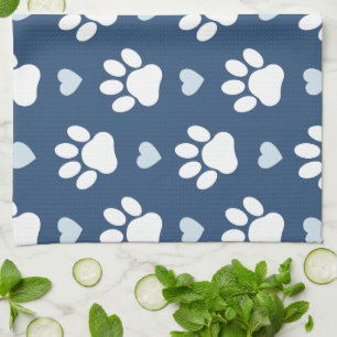 Linge De Cuisine Pattern of paws, Dog paws, White paws, Blue Hearts