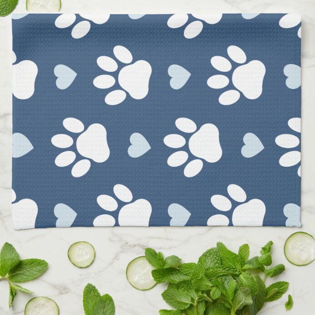 Linge De Cuisine Pattern of paws, Dog paws, White paws, Blue Hearts (Plié)