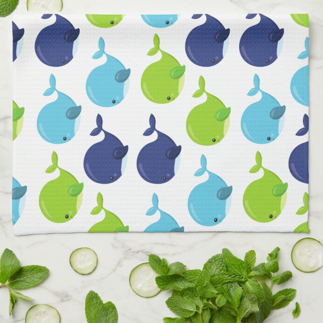 Linge De Cuisine Pattern of Whales, Cute Whales, Sea Animals (Plié)