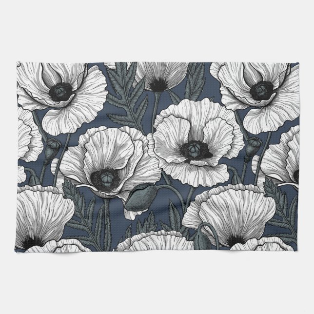Linge De Cuisine Pavot blanc sur la marine (Horizontal)