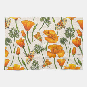 Linge De Cuisine Pavot de Californie et papillons de nuit sur blanc