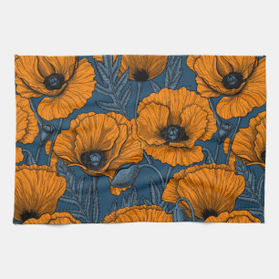 Linge De Cuisine Pavot orange sur bleu foncé