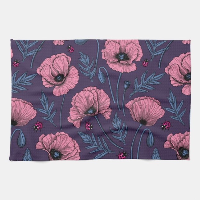 Linge De Cuisine Pavot rose sur violet foncé (Horizontal)