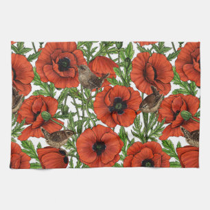 Linge De Cuisine Pavot rouge et brindilles, feuilles verts sur blan