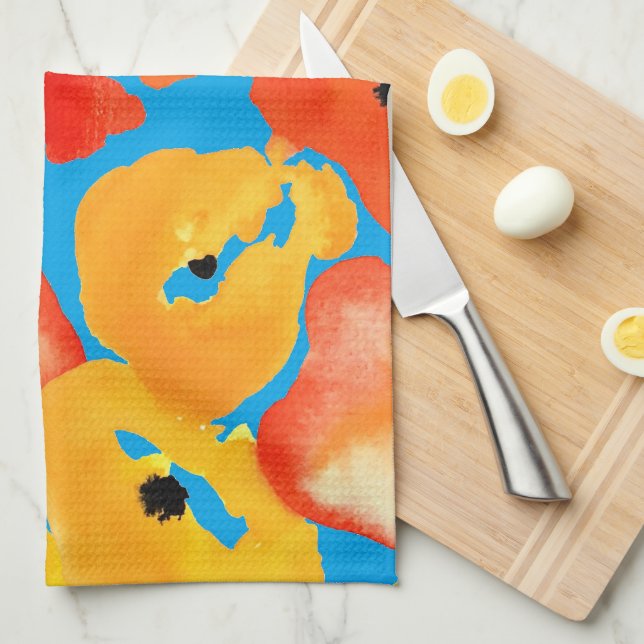 Linge De Cuisine Pavot rouge et orange (Quart Plié)