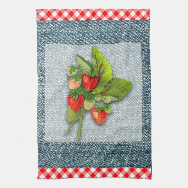 Linge De Cuisine Pays En vichy, Denim et fraises (Vertical)
