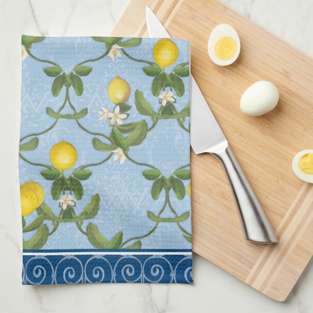 Linge De Cuisine Pays français bleu de feuille d'Espalier de citron (Quart Plié)
