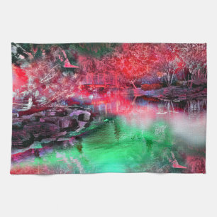 Linge De Cuisine Paysage coloré et texturé en rouge et vert