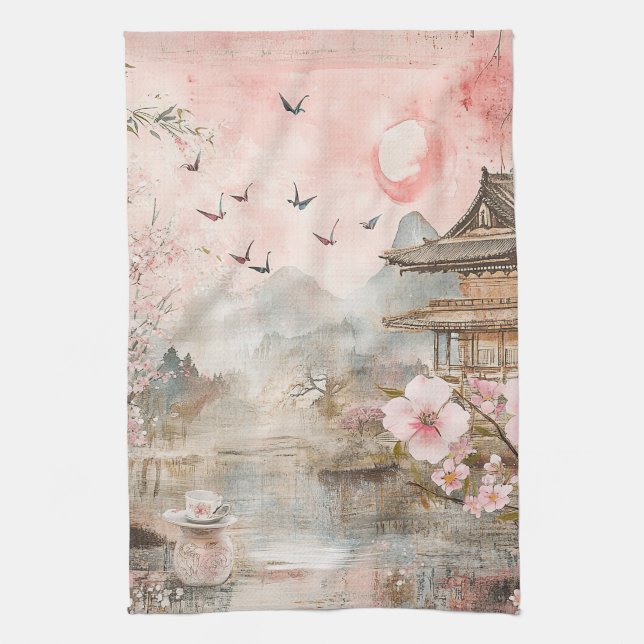 Linge De Cuisine Paysage de sérénité aux cerisiers en fleurs roses  (Vertical)