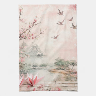 Linge De Cuisine Paysage de sérénité aux cerisiers en fleurs roses 