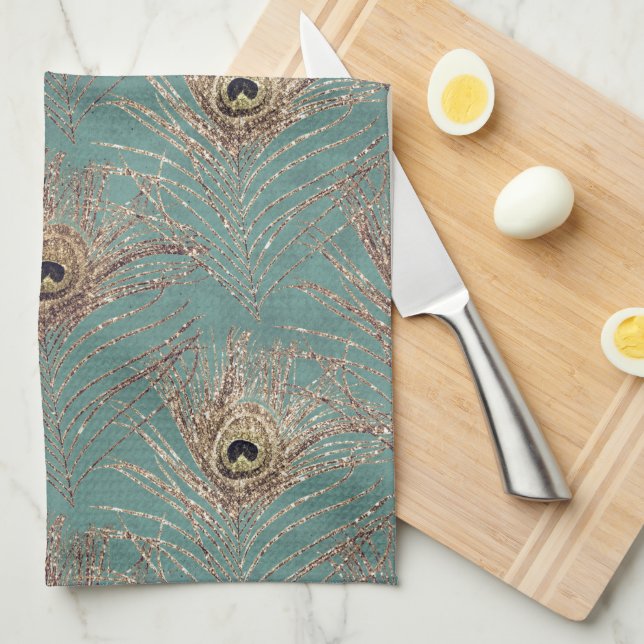 Linge De Cuisine Peacock motif parties scintillant or turquoise élé (Quart Plié)