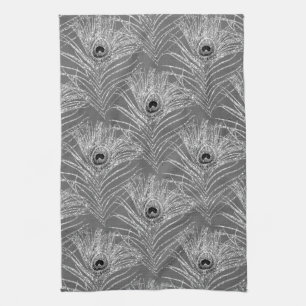 Linge De Cuisine Peacock plume élégant argent noir gris motif