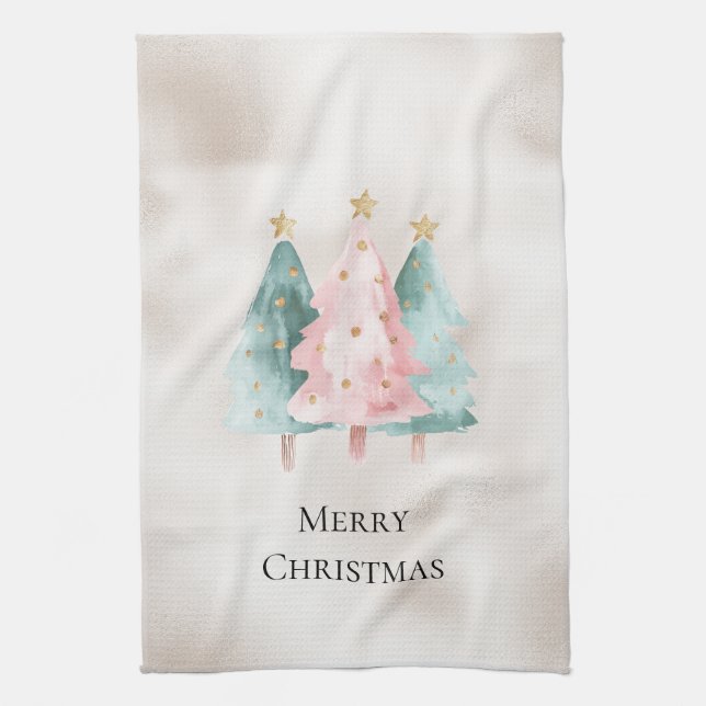 Linge De Cuisine Pearl White Mint Pink Noël Arbres (Vertical)