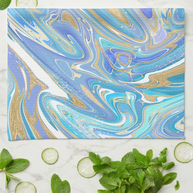 Linge De Cuisine Pearlescent Aqua & Gold en marbre liquide (Plié)