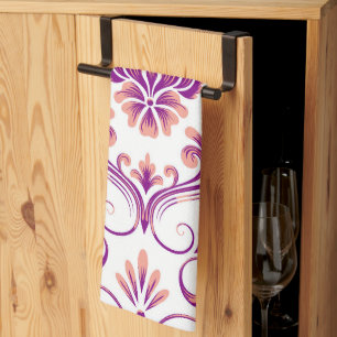 Linge De Cuisine Pêche et pourpre Damas motif floral élégant