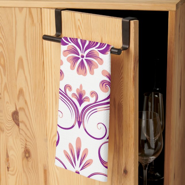 Linge De Cuisine Pêche et pourpre Damas motif floral élégant (Pliage en tiers)