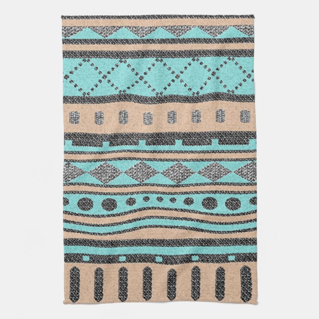 Linge De Cuisine Pêche Tribale Motif Et Turquoise (Vertical)