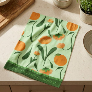 Linge De Cuisine Pêches Et Fleurs Vert Menthe
