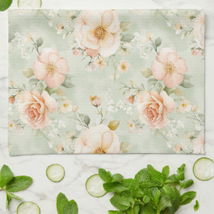Linge De Cuisine Pêches Romantiques Menthe Jolies Roses Floral