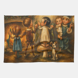 Linge De Cuisine Peinture à l'huile fantaisiste d'elfes de Noël vin