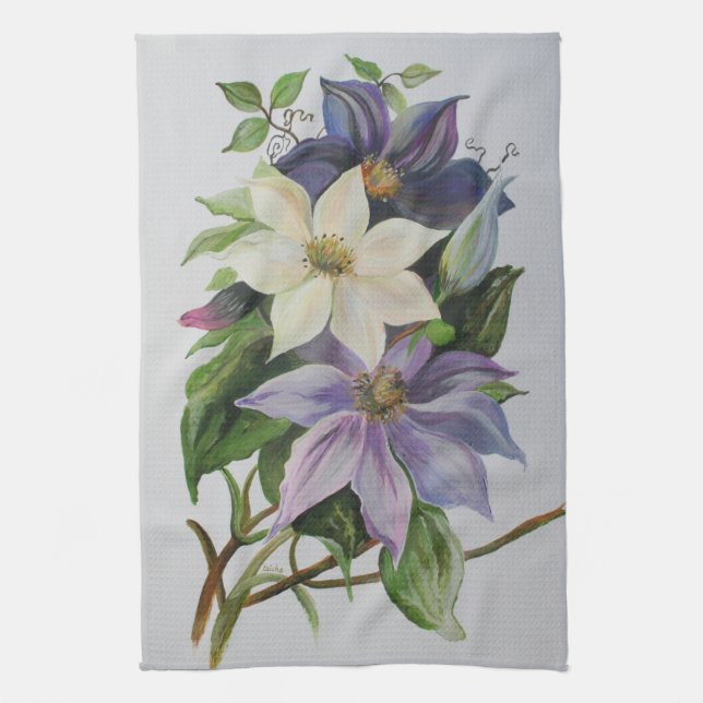 Linge De Cuisine Peinture acrylique de la vigne Lilac Clematis (Vertical)