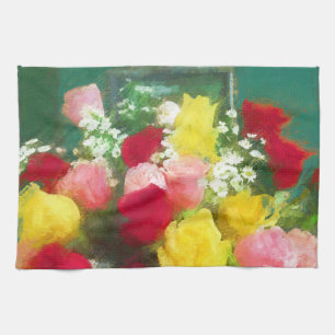 Linge De Cuisine Peinture Bouquet Rose - Jolie Art Fleur Originale