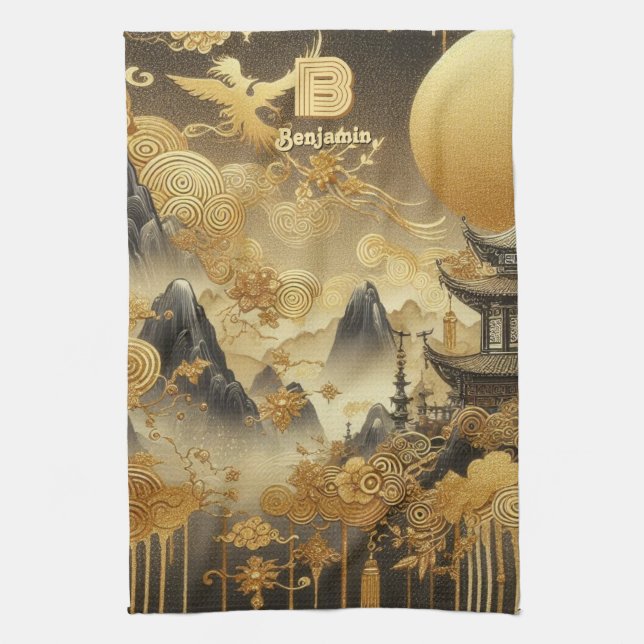 Linge De Cuisine Peinture chinoise Faux Golden Dripping Monogramme (Vertical)