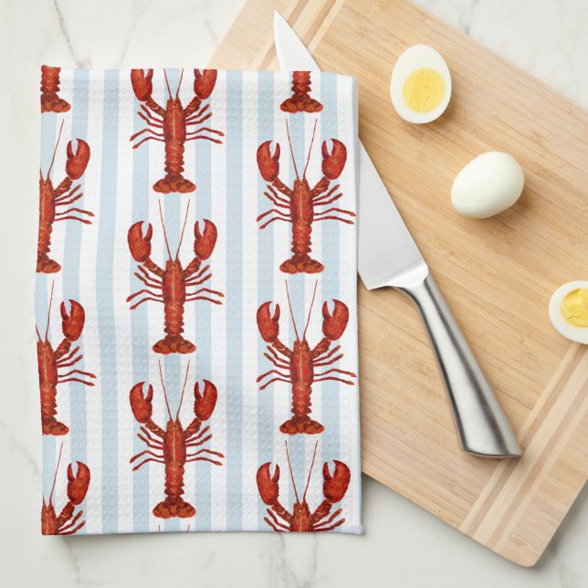 Linge De Cuisine Peinture de homard Bleu Nautique Bleu Bande Côtièr (Quart Plié)