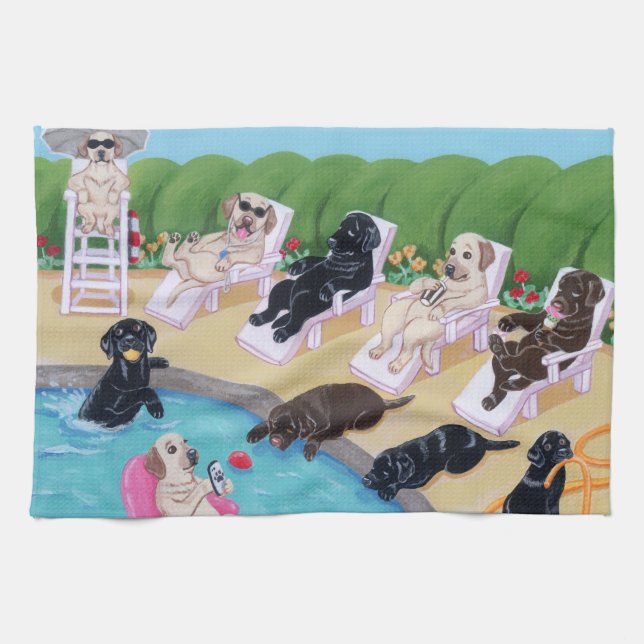 Linge De Cuisine Peinture de Labradors de partie de Poolside (Horizontal)