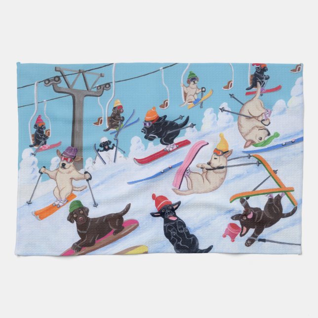 Linge De Cuisine Peinture de ski de Labradors d'amusement d'hiver (Horizontal)