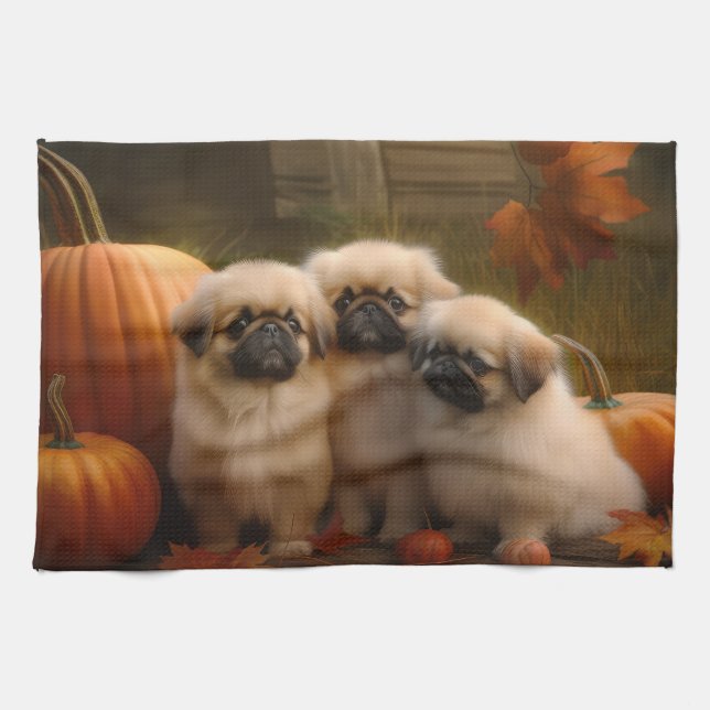 Linge De Cuisine Pekingese Chiot Automne Citrouille délice (Horizontal)