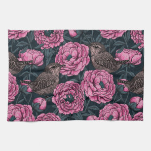 Linge De Cuisine Peonies and wrens on dark gray
