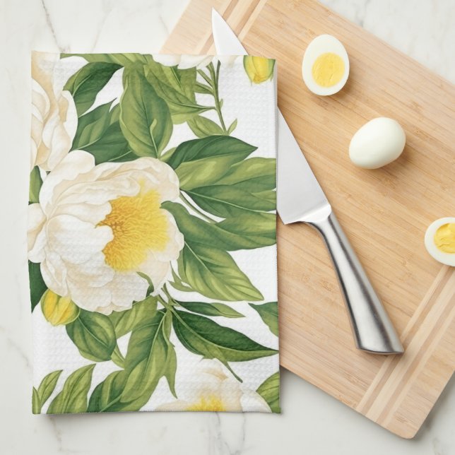 Linge De Cuisine Peonies de Claire de Lune blanches et jaunes (Quart Plié)