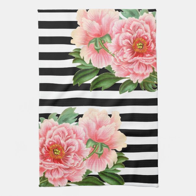 Linge De Cuisine peonies rayures noires (Vertical)
