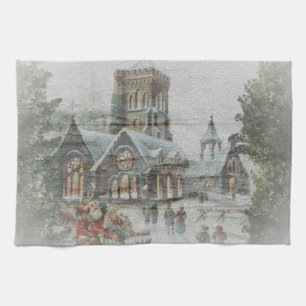 Linge De Cuisine Père Noël ancienne avec enfants devant une église