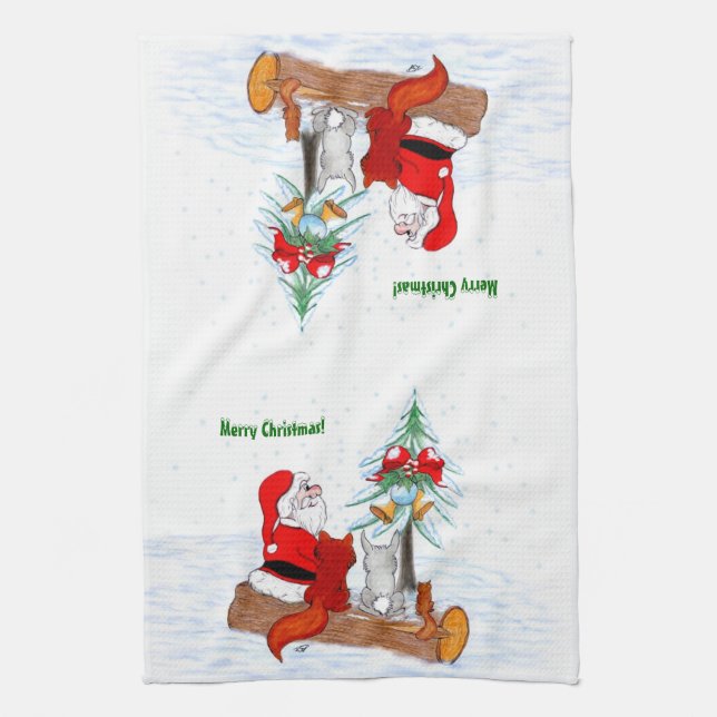 Linge De Cuisine Père Noël avec Renard de lapin et écureuil (Vertical)