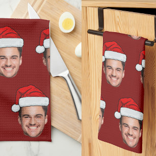 Linge De Cuisine Père Noël Chapeau de Noël Rouge Photo de Visage Pe