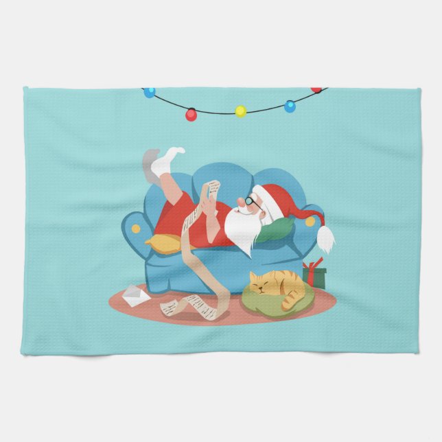 Linge De Cuisine Père Noël sur le canapé en pyjama (Horizontal)
