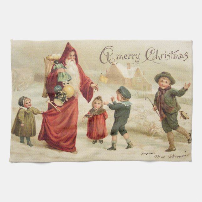 Linge De Cuisine Père Noël victorienne vintage qui donne des cadeau (Horizontal)