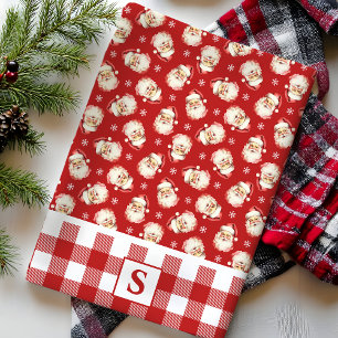 Linge De Cuisine Père Noël vintage rouge à carreaux brodé de Noël