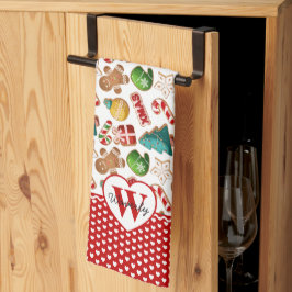 Linge De Cuisine Personalized Monogram Red Hearts Gingerbread Xmas