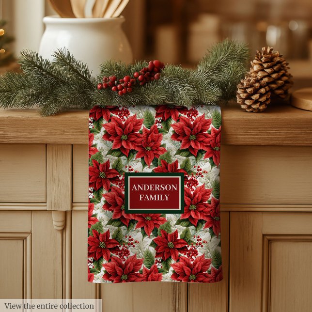 Linge De Cuisine Personalized Red Floral Towel Elegant Christmas (Personalized Red Floral Towel Elegant Christmas)
