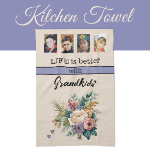 Linge De Cuisine Personnalisé 4 petits-enfants photo floral violet